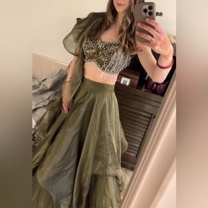 Mehendi Green Organza Choli Lehenga With Ruffled Dupatta